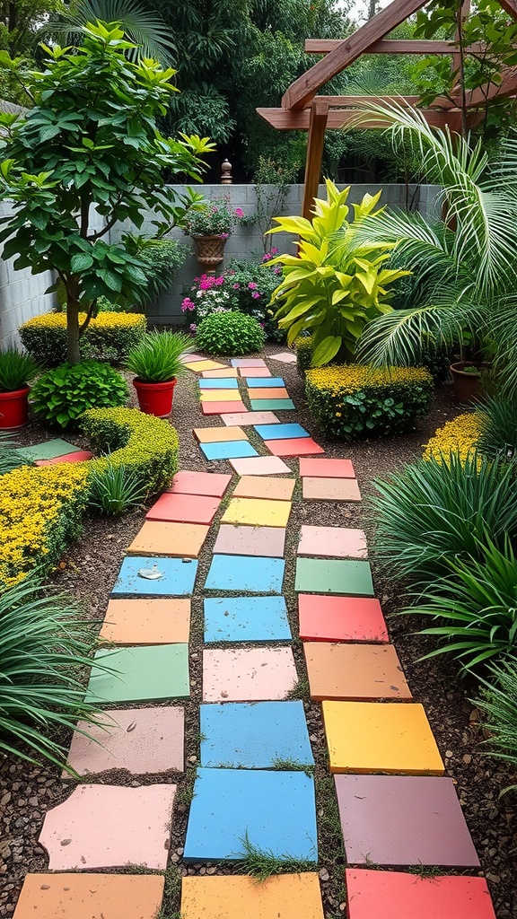 Colorful paving stones forming a pathway through a lush garden filled with plants and flowers.