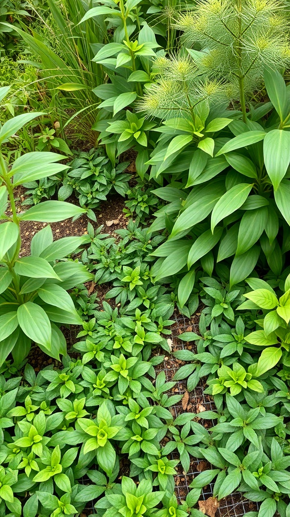 A lush garden area filled with various green ground cover plants.