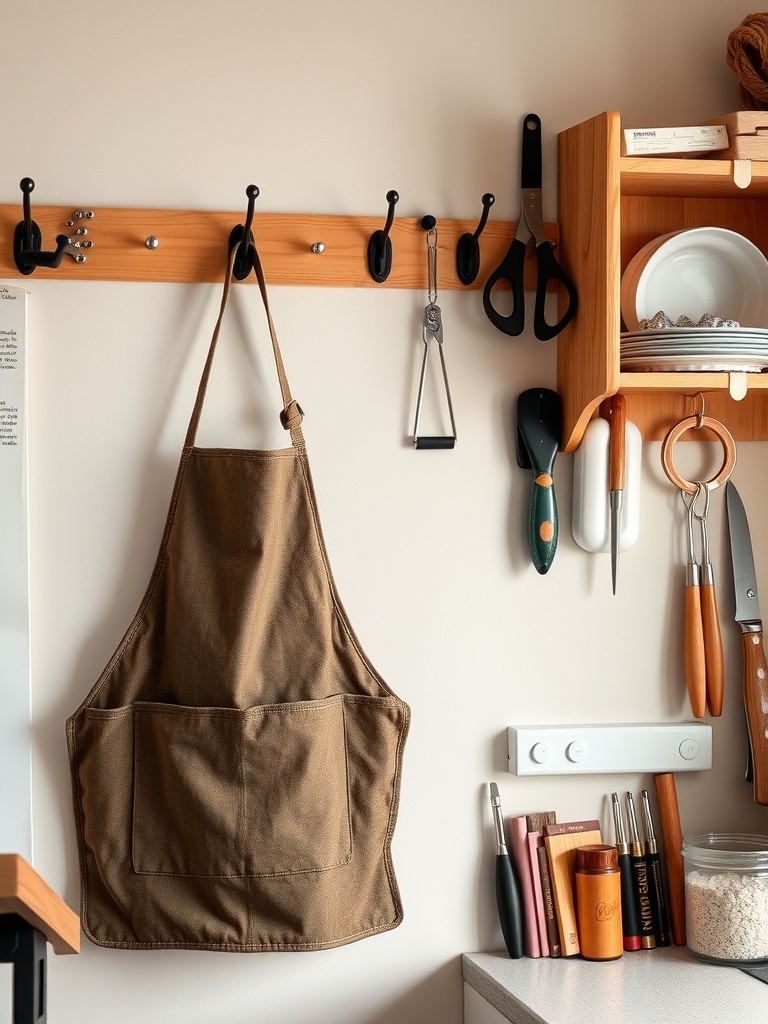 A craft room wall with hooks displaying an apron and various tools.