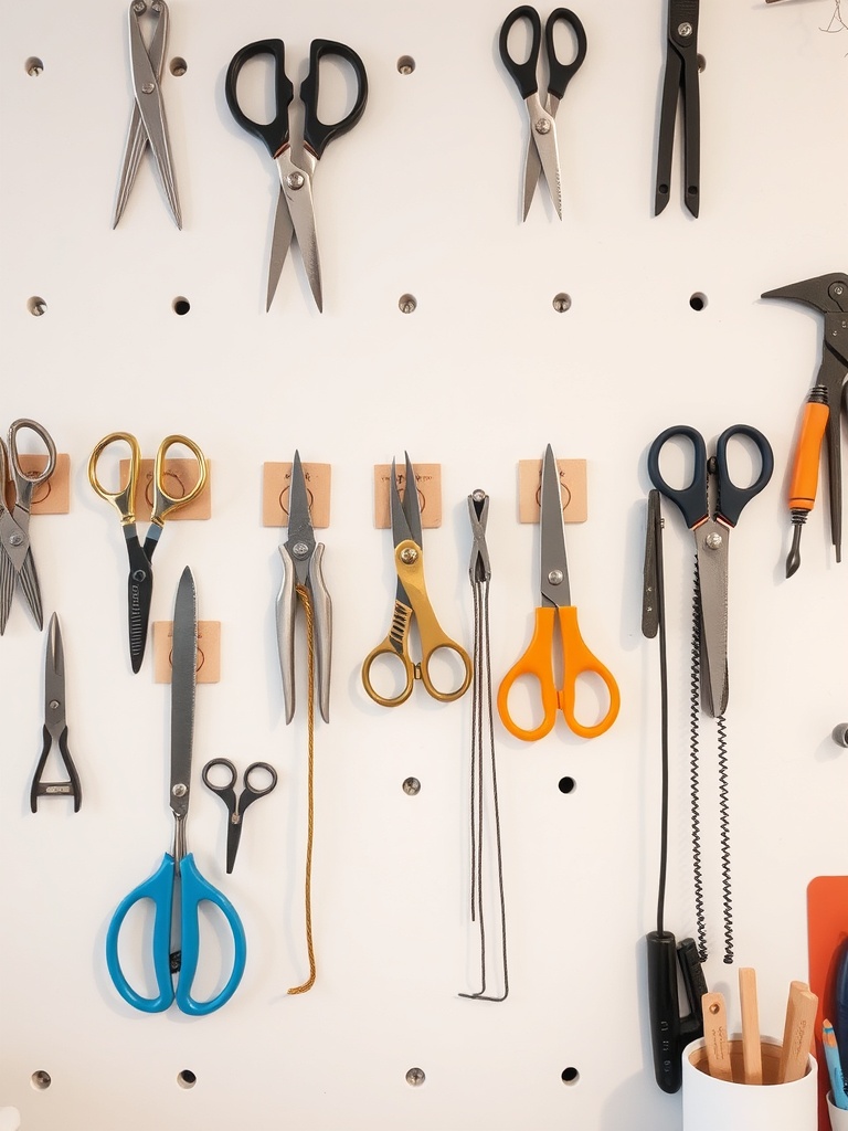 A wall with various scissors and tools organized on magnetic strips.