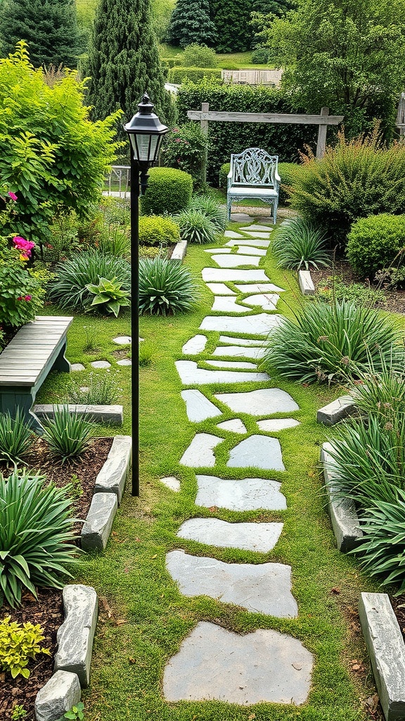 A beautiful garden with a stone pathway leading to a seating area surrounded by lush greenery.
