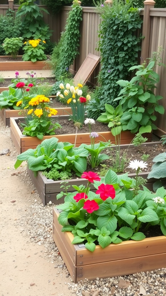 A small garden with wooden raised beds filled with colorful flowers and leafy greens.