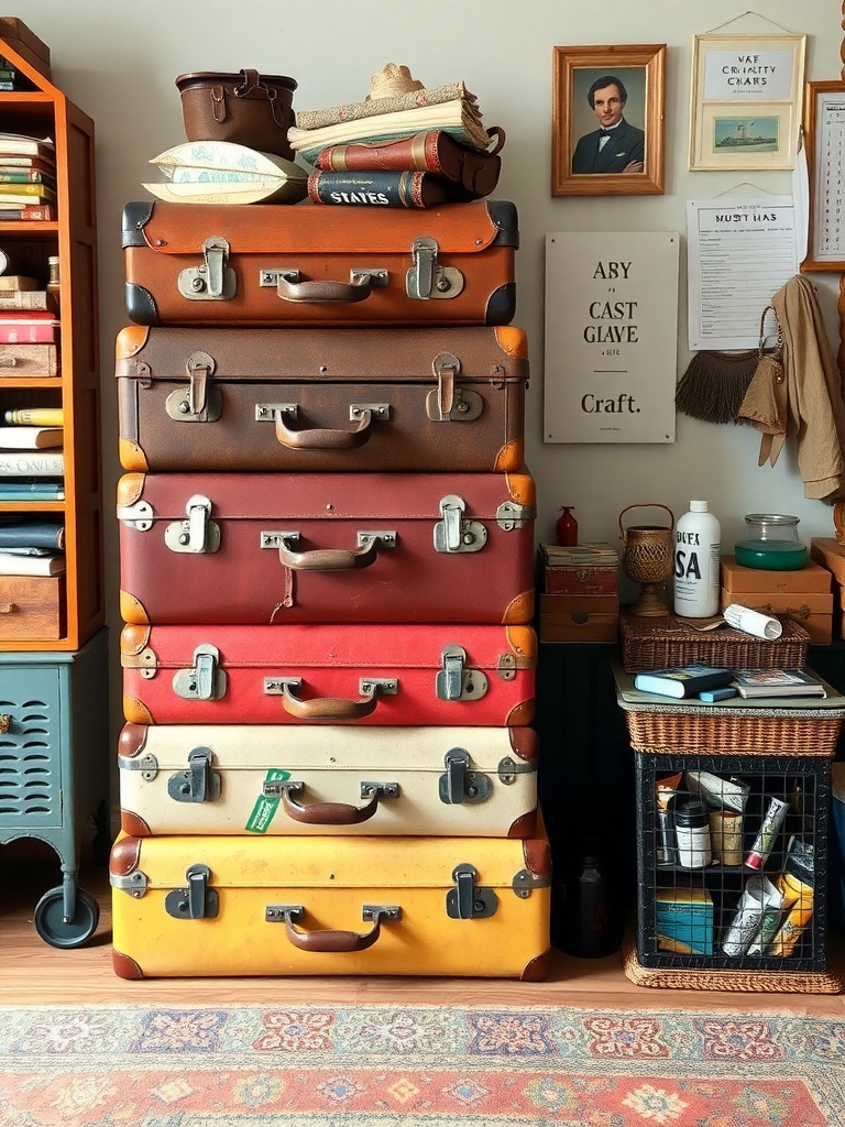 A stack of vintage suitcases in various colors used for storage in a craft room.