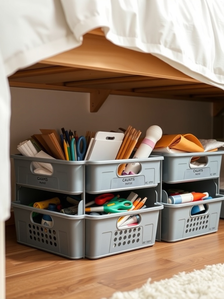 Gray storage bins filled with craft supplies under a bed