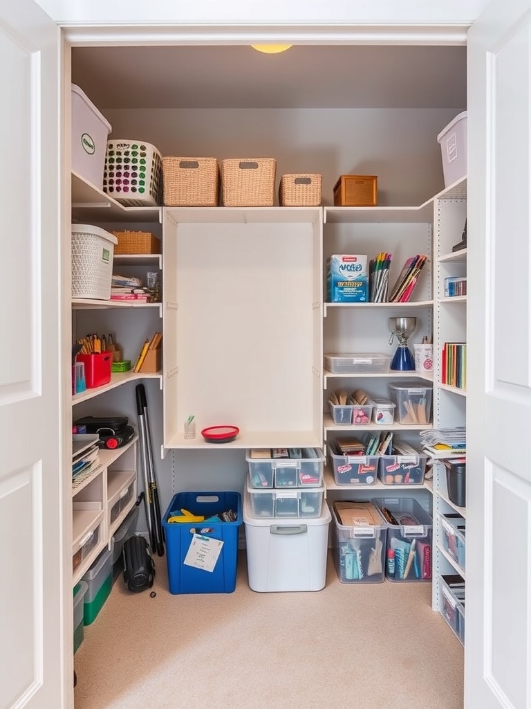 Organized closet with various storage bins and shelves for craft supplies.