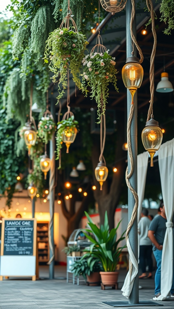 An outdoor party setup with hanging plants and lights, creating a warm and inviting atmosphere.