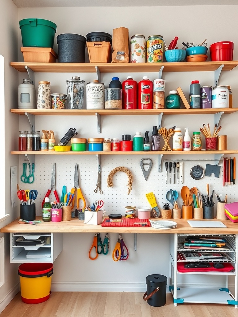 A well-organized craft room with shelves filled with colorful containers and tools.