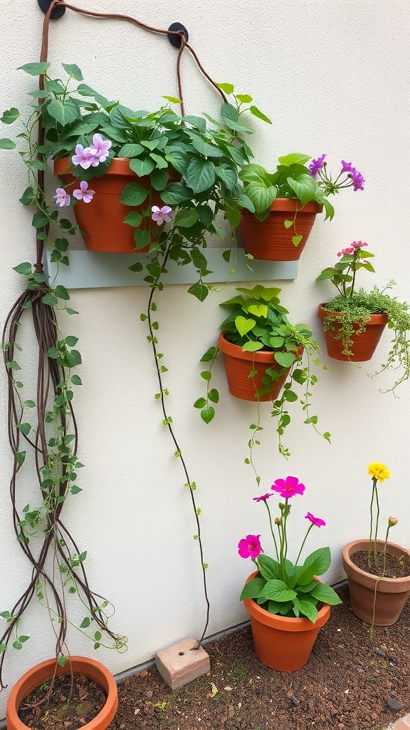 A vertical garden with potted plants mounted on a wall, featuring vibrant flowers and cascading vines.
