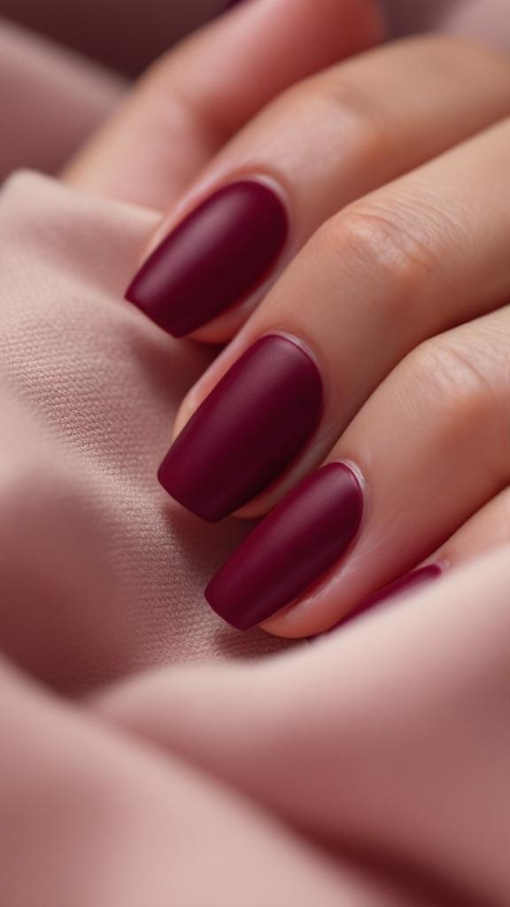 Close-up of dark cherry red nails with a velvety finish on a soft fabric background.