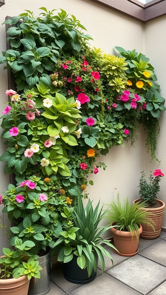 A vibrant vertical garden wall filled with colorful flowers and lush greenery, enhancing a small outdoor patio.
