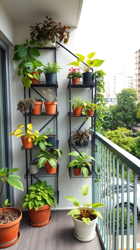 Vertical garden on a balcony with various plants in pots arranged on a shelving unit.