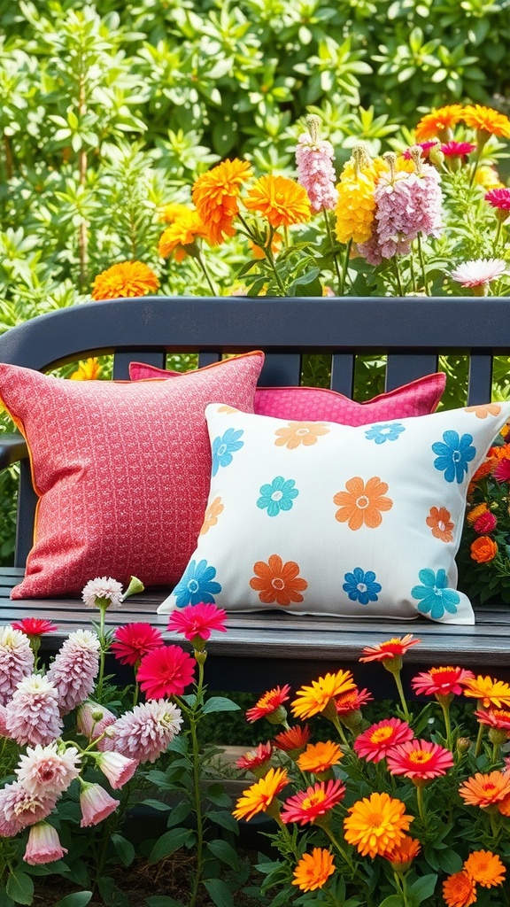 Colorful outdoor pillows on a bench surrounded by flowers