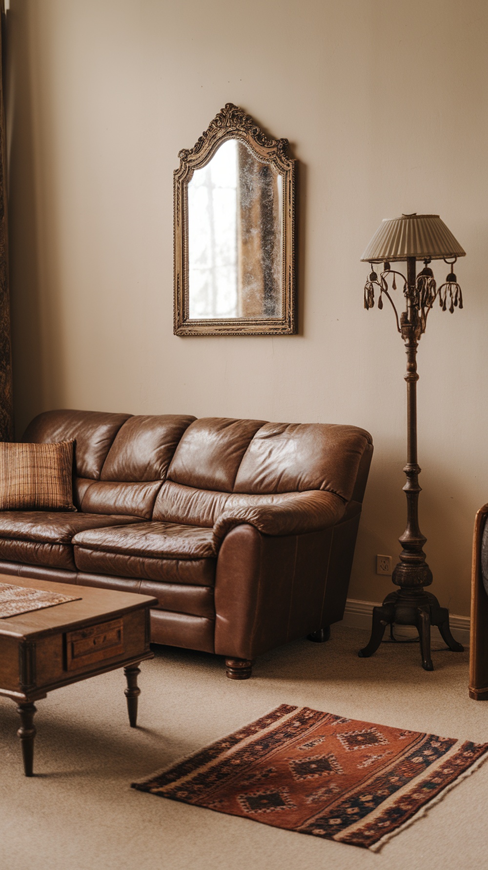 A cozy vintage living room with a brown leather sofa, ornate mirror, vintage lamp, and patterned rug.