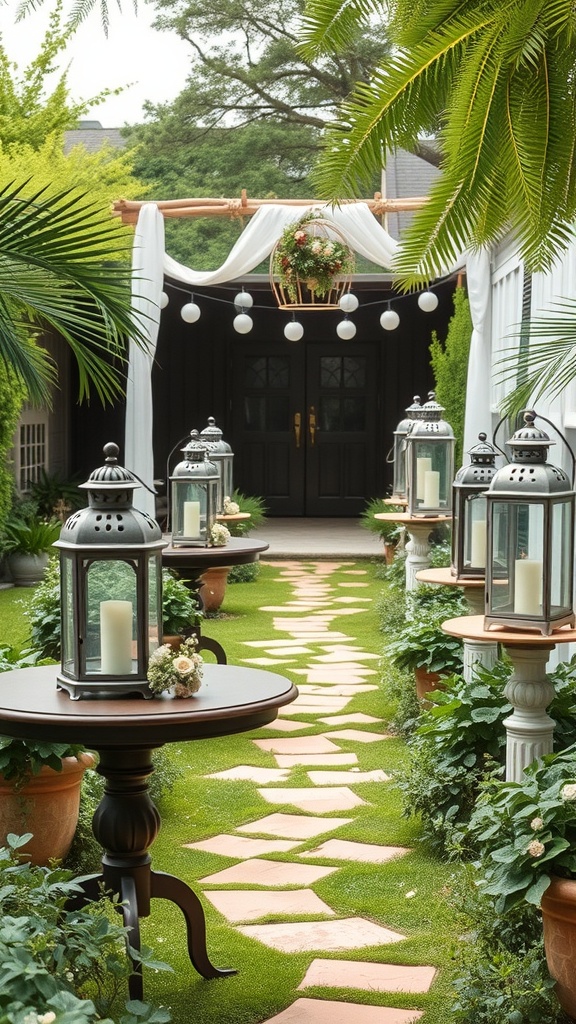 A beautifully arranged outdoor patio with vintage lanterns lining a pathway, surrounded by greenery and rustic tables.