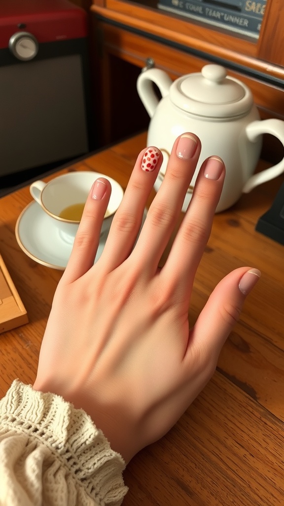 A hand with vintage nail art featuring a neutral base and a red polka dot accent nail, set against a cozy background with a teapot and teacup.