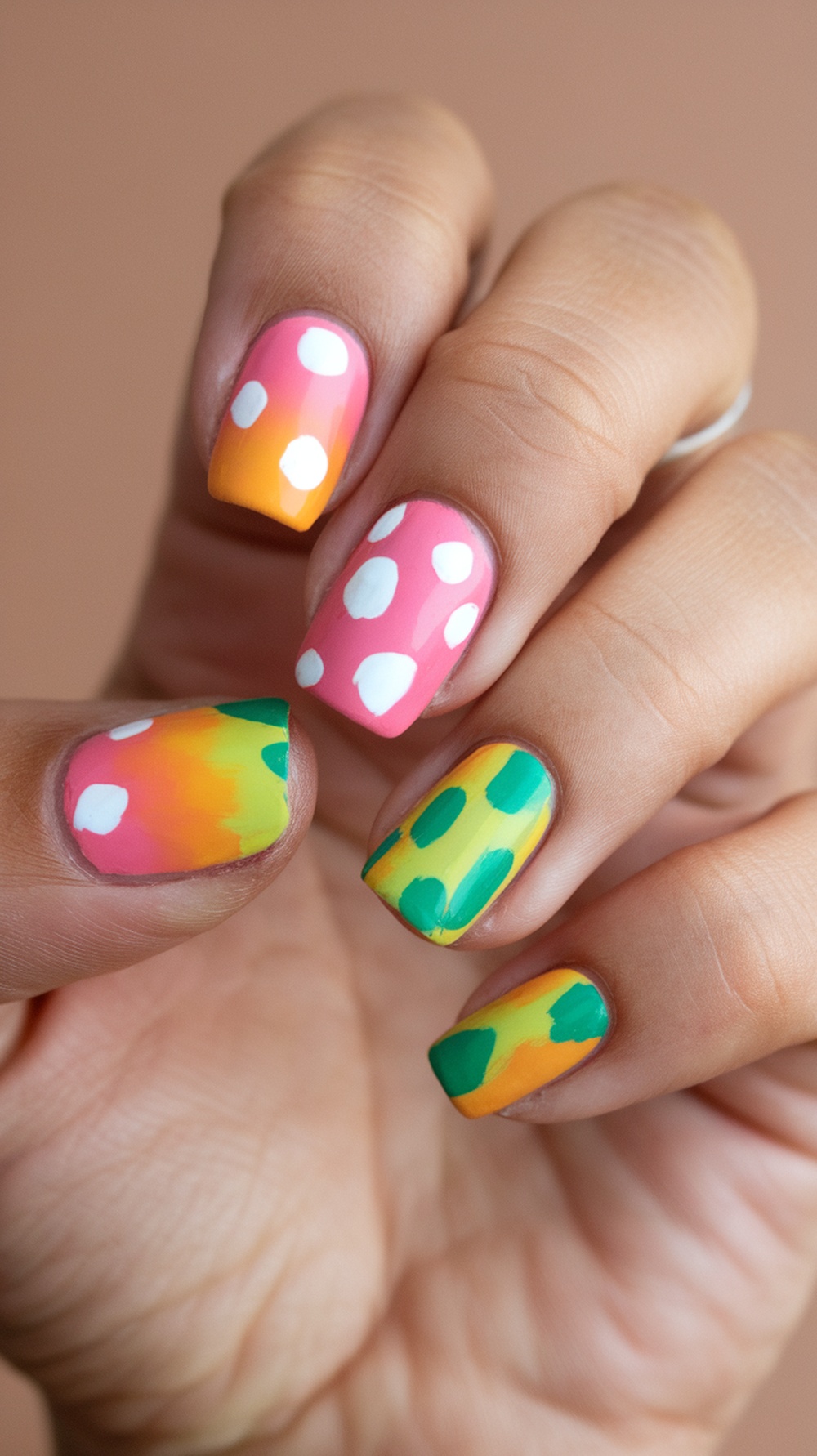 Colorful summer nail designs featuring pink, yellow, and green patterns with polka dots.