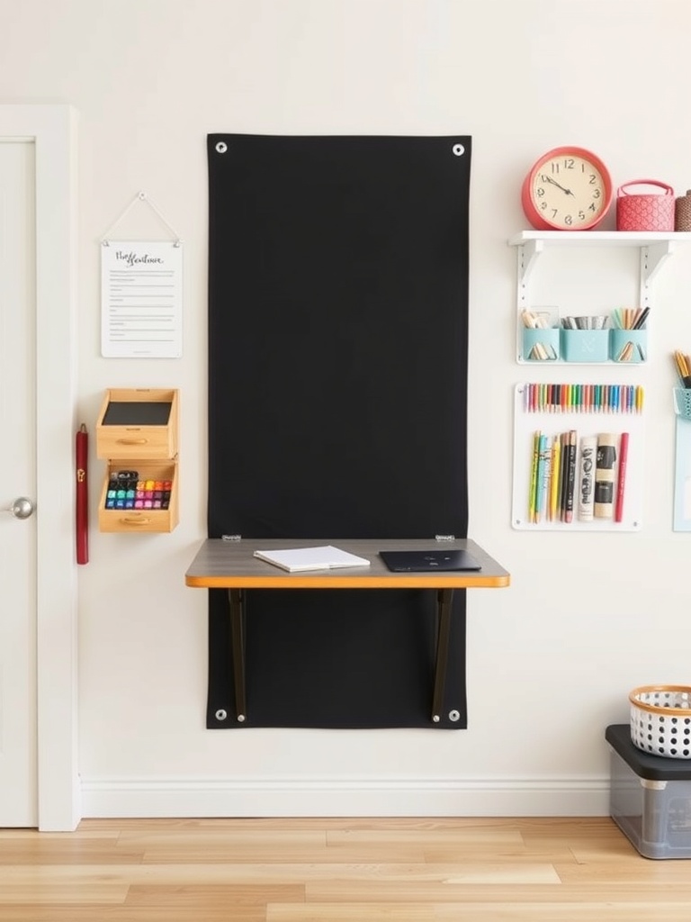 A wall-mounted folding table in a craft room with a black backdrop and organized supplies.