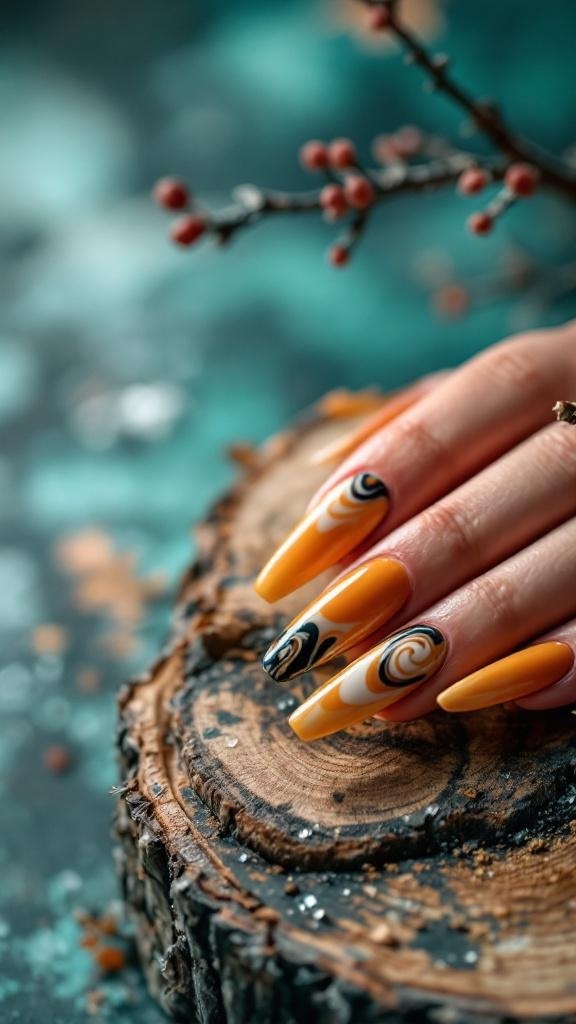 A close-up of nails with warm caramel swirls on a wooden surface.