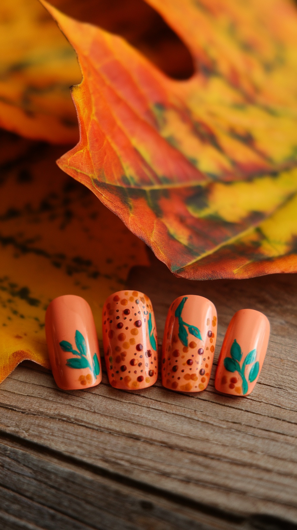 Nail design featuring warm orange tones with leaf patterns, set against autumn leaves.