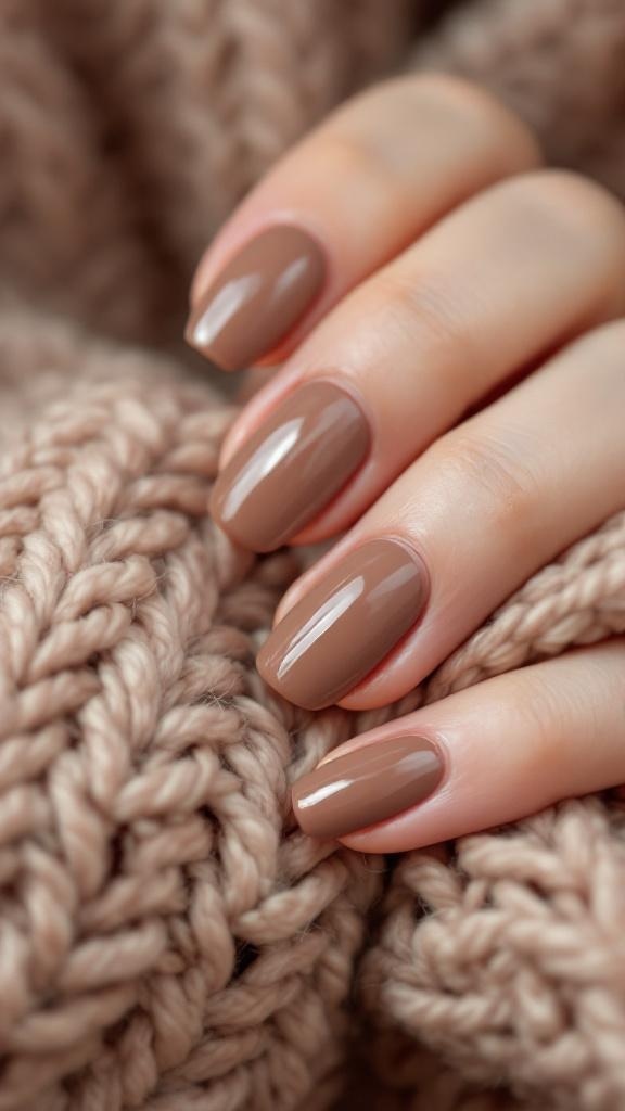 Close-up of manicured nails in warm taupe color resting on a knitted fabric.