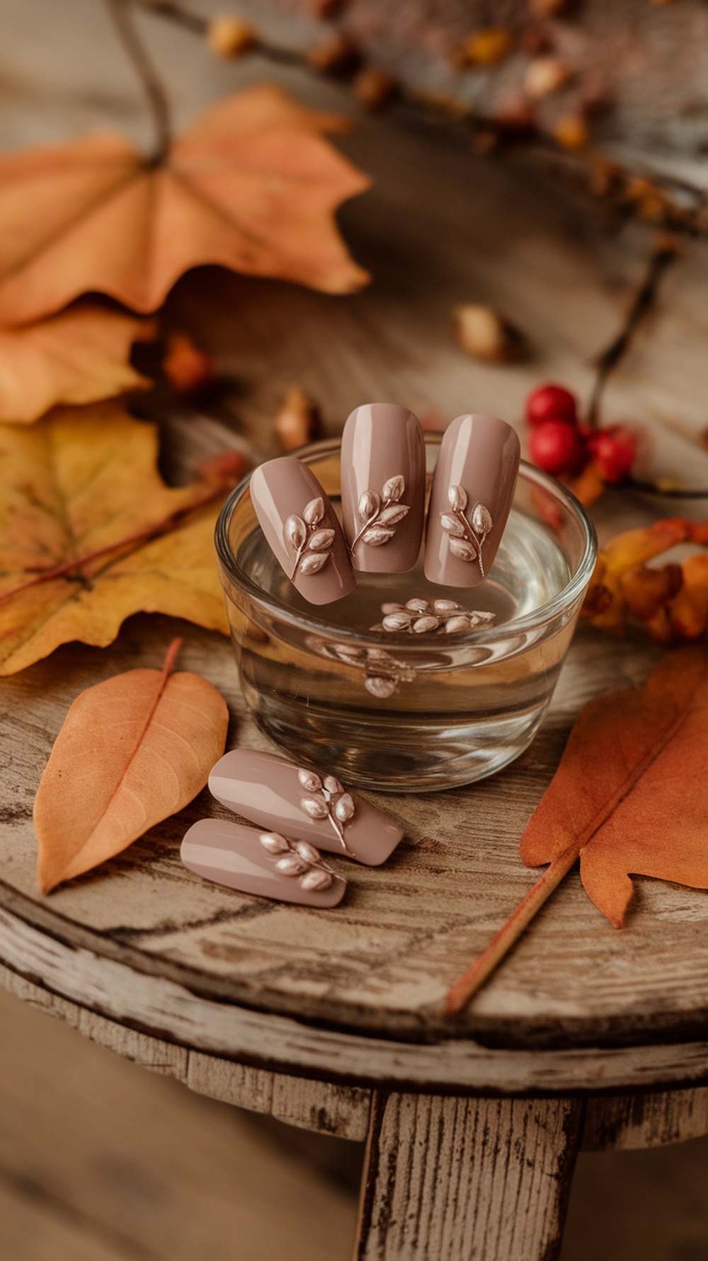 Warm taupe nails with leaf details on a wooden surface with autumn leaves.