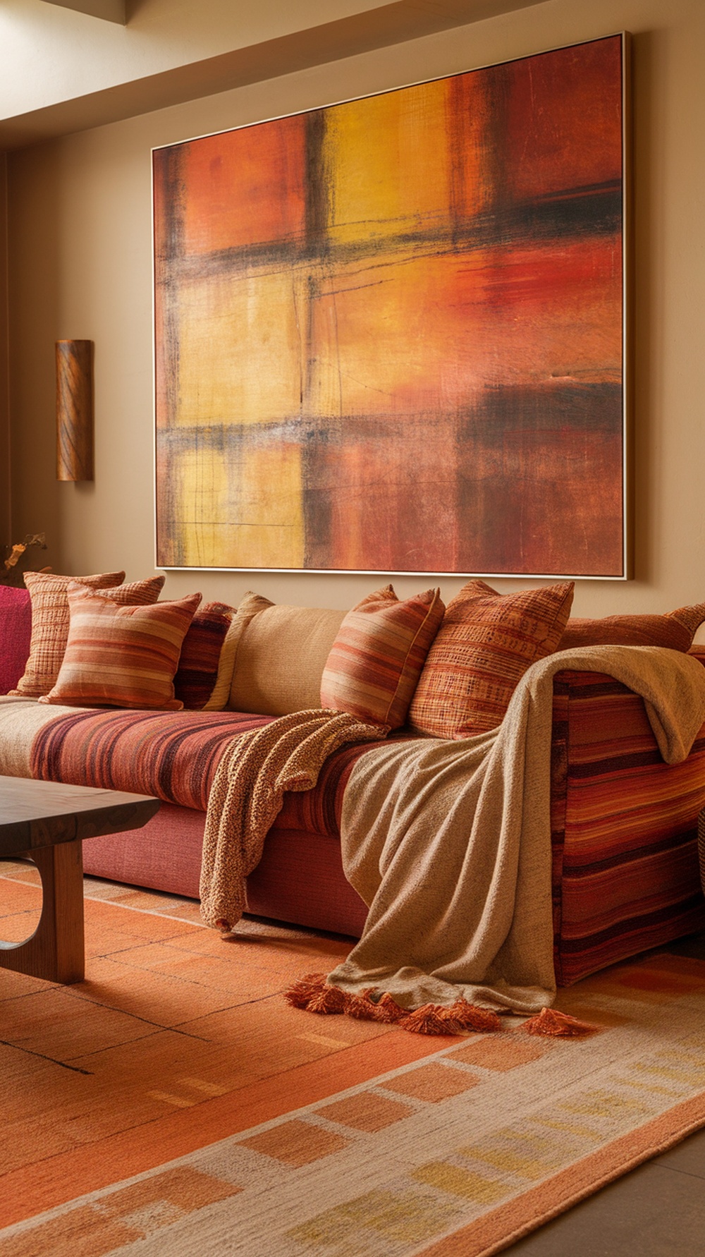 Cozy living room with warm textiles, including a striped couch, colorful pillows, and a soft throw blanket.
