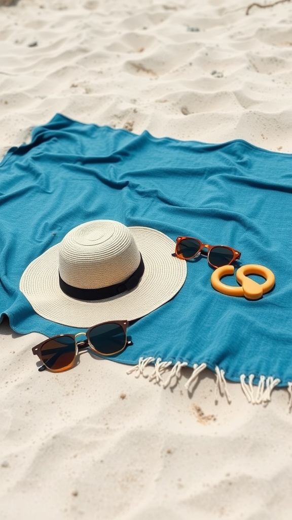A blue water-resistant blanket on the beach with a straw hat and sunglasses.