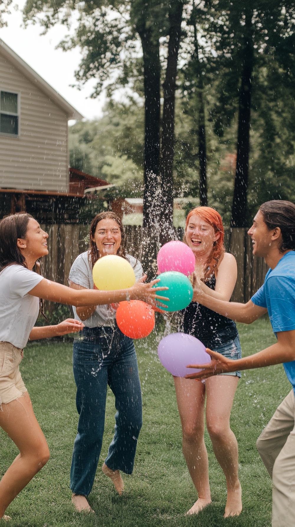 A group of friends playing water balloon toss in a backyard, laughing and enjoying the game.