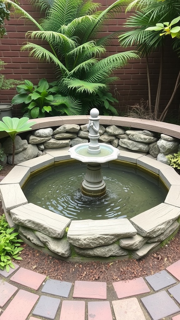 A small garden fountain surrounded by plants and stones.
