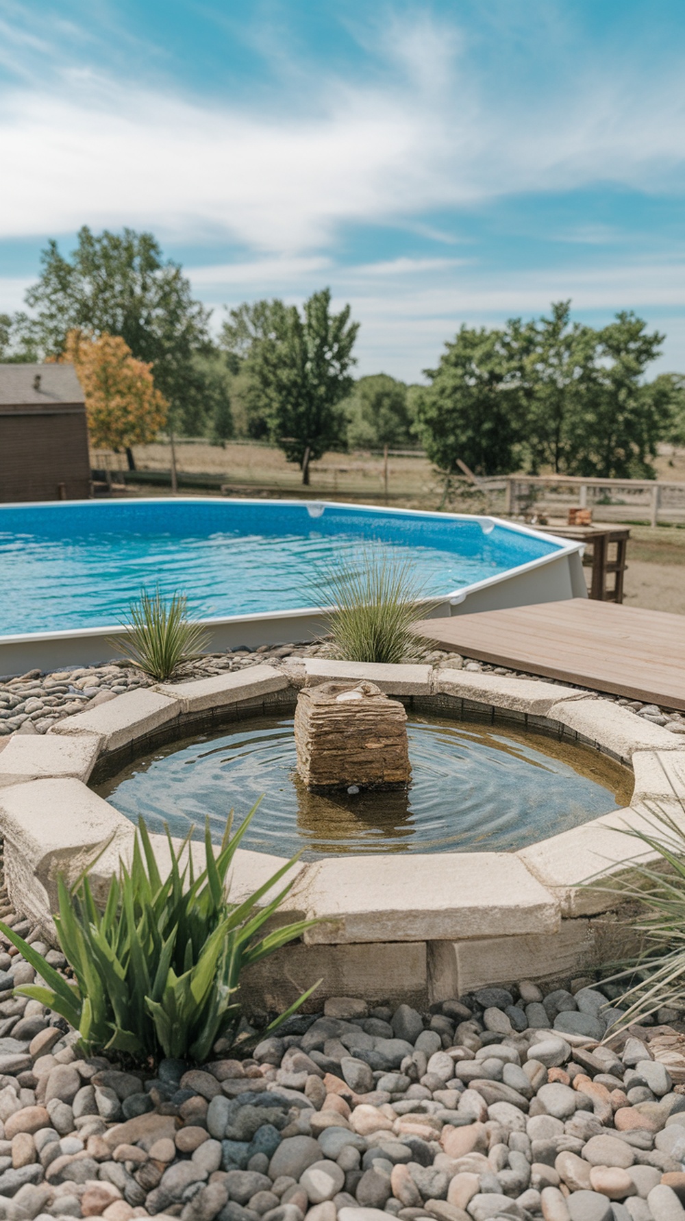 A tranquil stone fountain surrounded by pebbles and plants, near an above-ground pool.