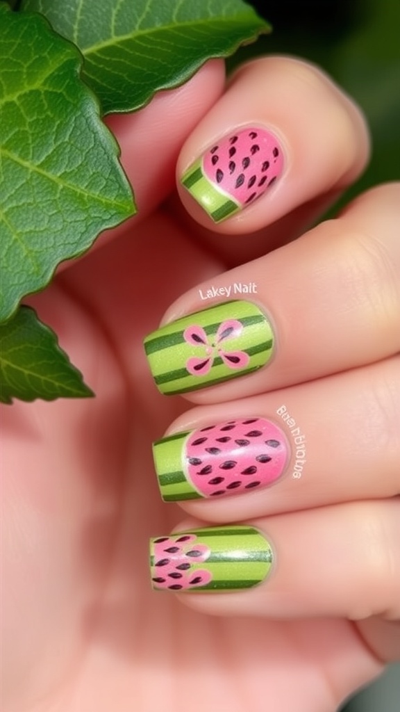Nail art design featuring watermelon patterns with pink and green colors.