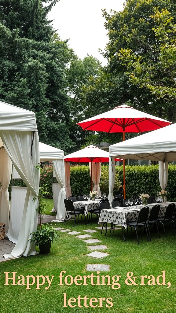 Outdoor party setup with canopies and red umbrellas