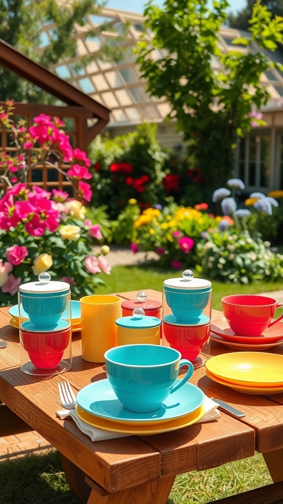 Colorful weather-resistant tableware set on a wooden table in a garden