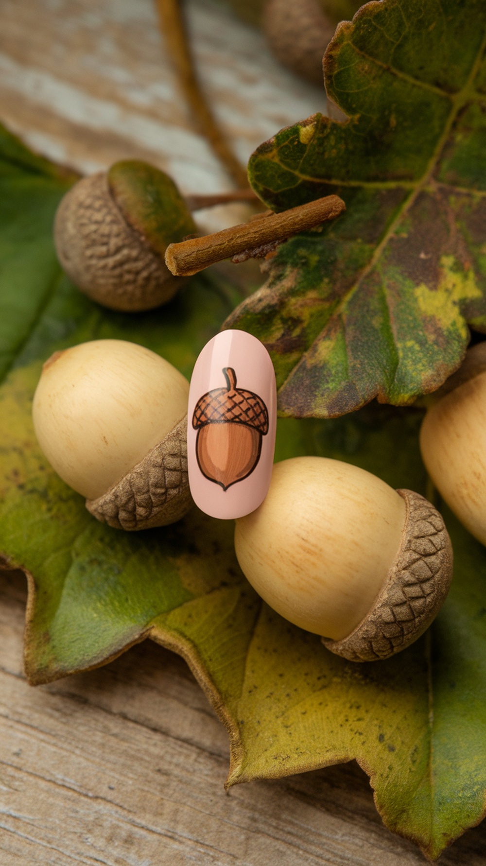 Nail design featuring a whimsical acorn on a pink background, surrounded by acorns and leaves.