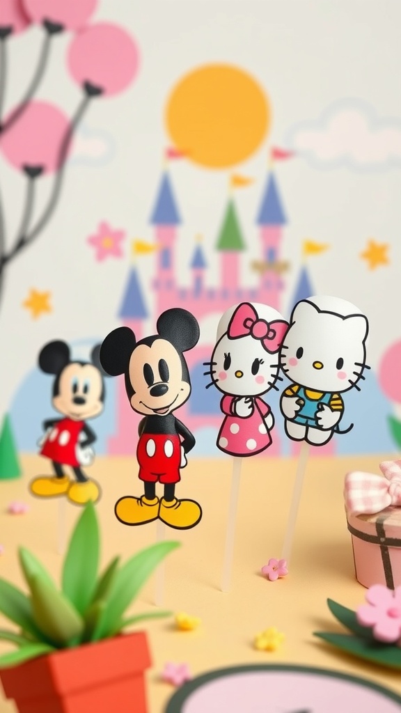 Whimsical cartoon characters including Mickey Mouse and Hello Kitty in a colorful setting