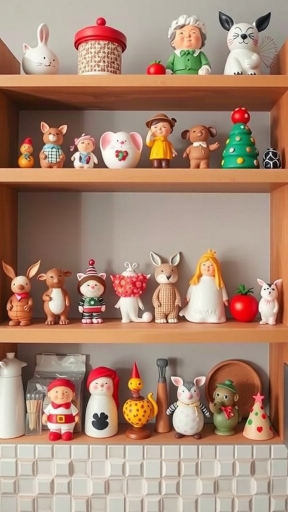 A colorful kitchen shelf filled with whimsical decorative items including animals and characters.