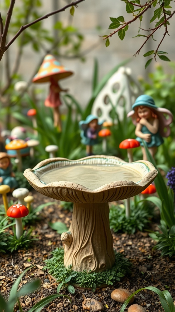 A whimsical birdbath designed to look like a tree stump, surrounded by colorful fairy figurines and mushrooms in a garden setting.