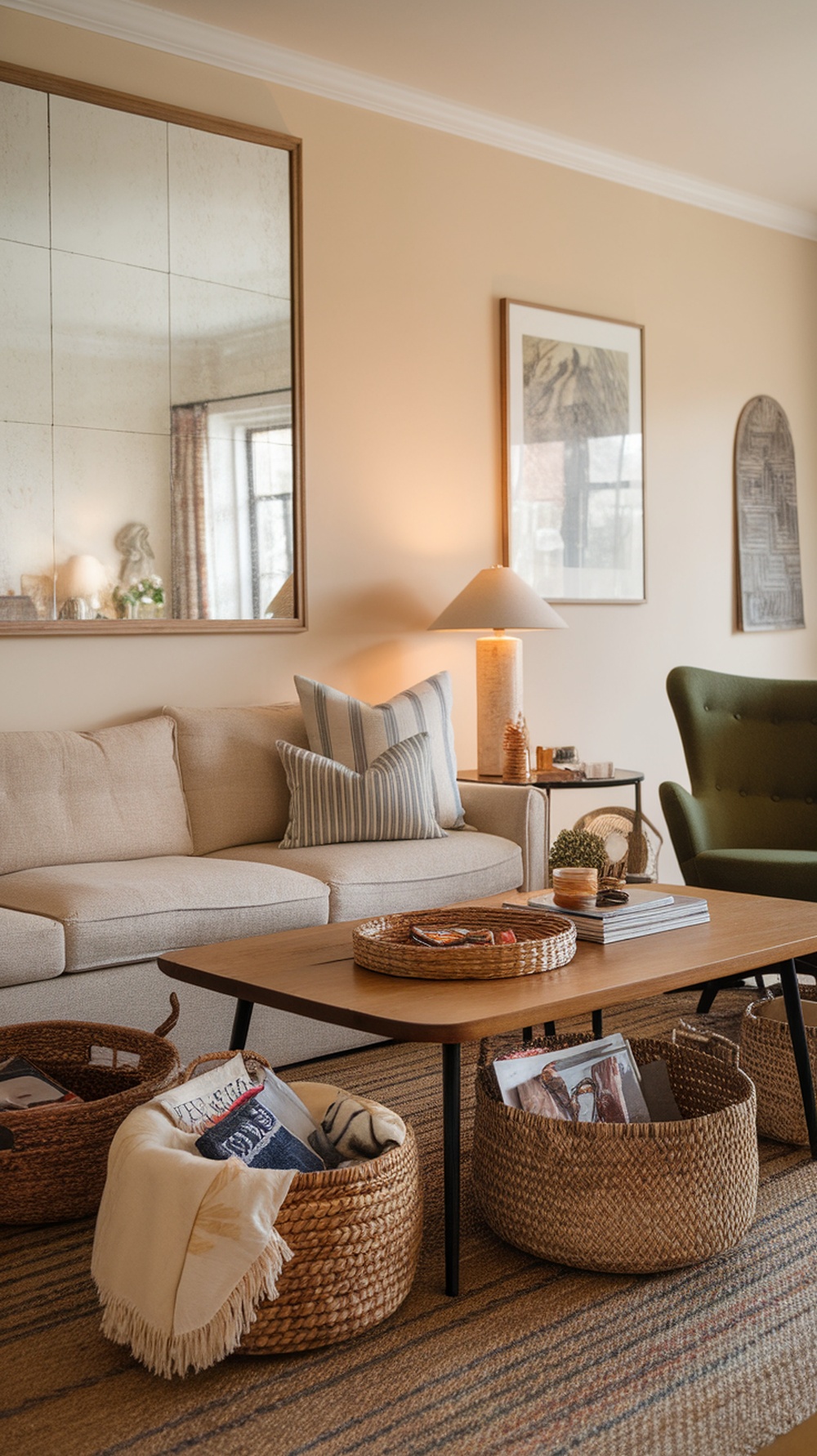 A cozy living room featuring woven baskets for storage, a comfortable sofa, and warm lighting.