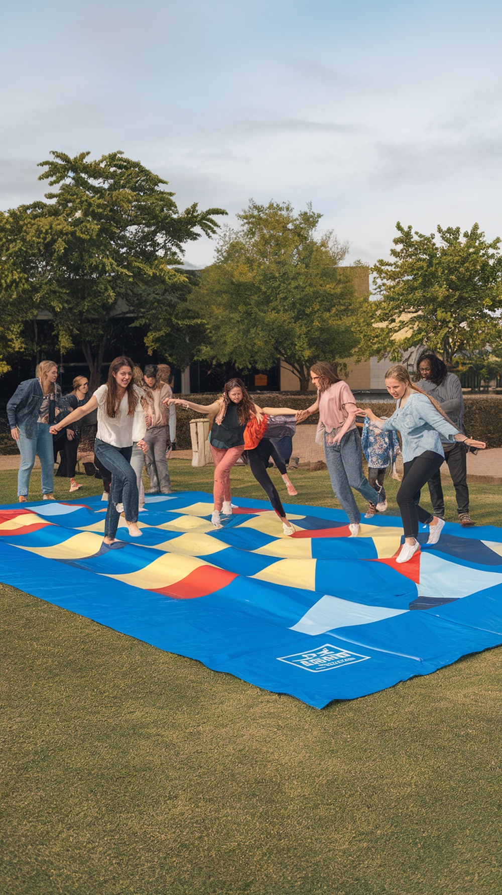 A group of friends playing Yard Twister on a colorful mat in a grassy area.