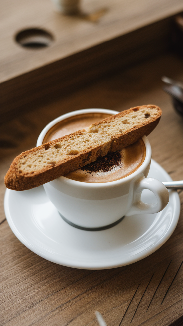 A cup of coffee with a design on top, placed on a white saucer with a small chocolate treat.