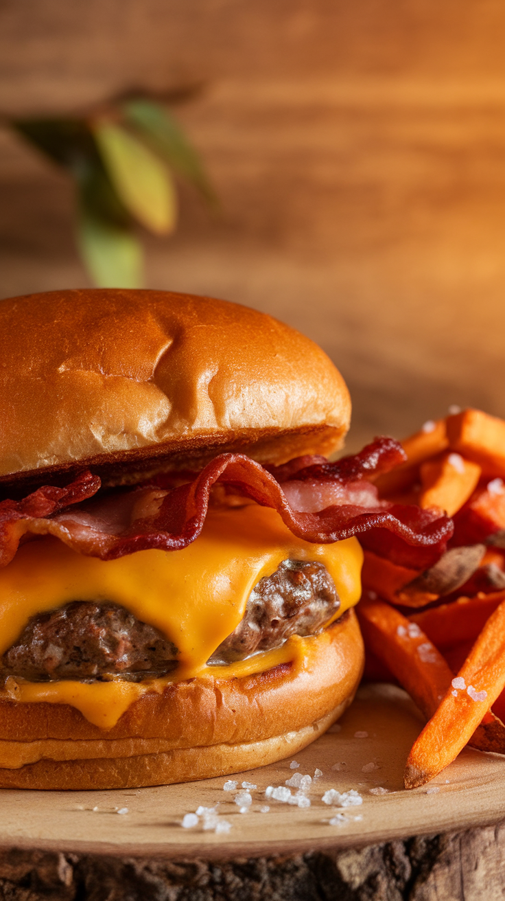 A delicious bacon cheeseburger with sweet potato fries on a wooden platter