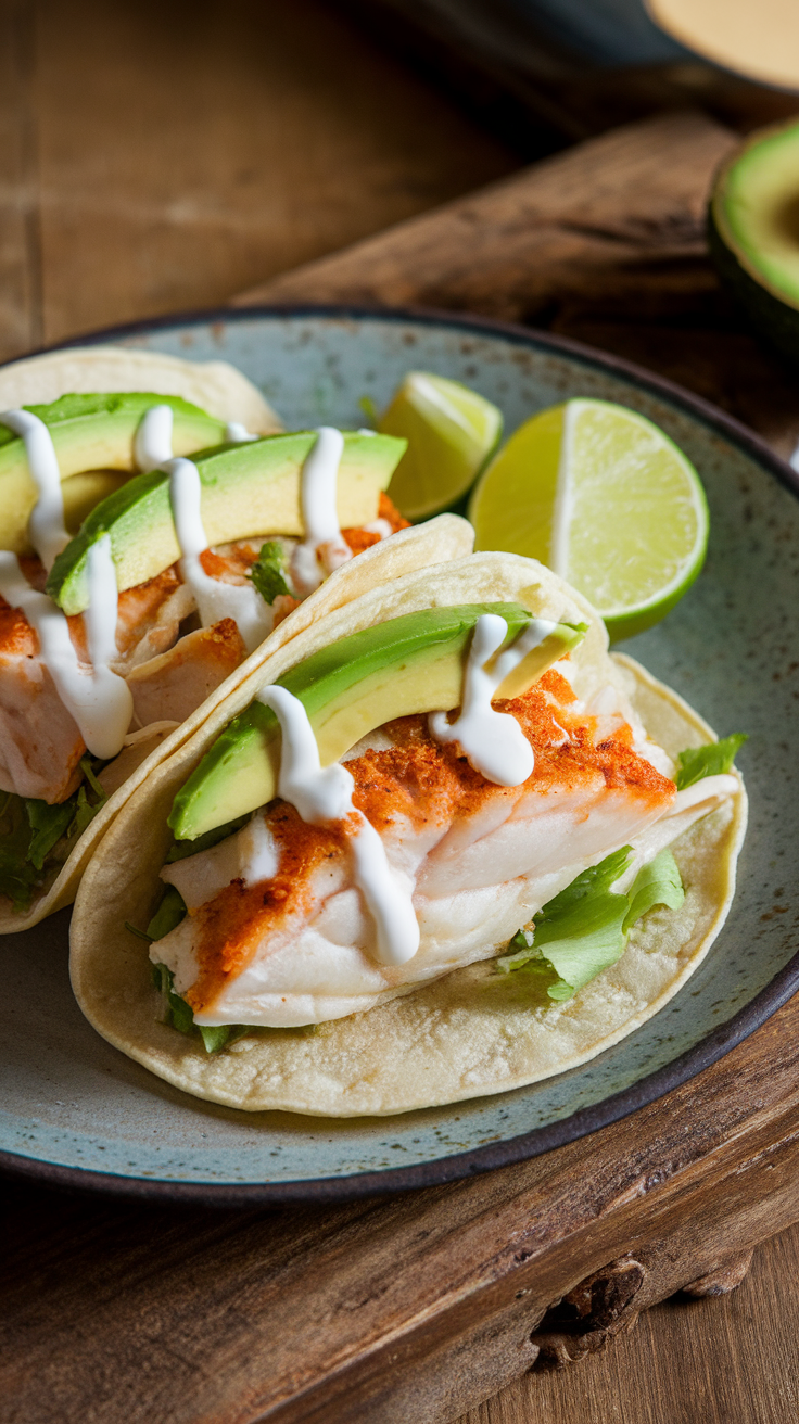 Delicious fish tacos with avocado and lime on a plate