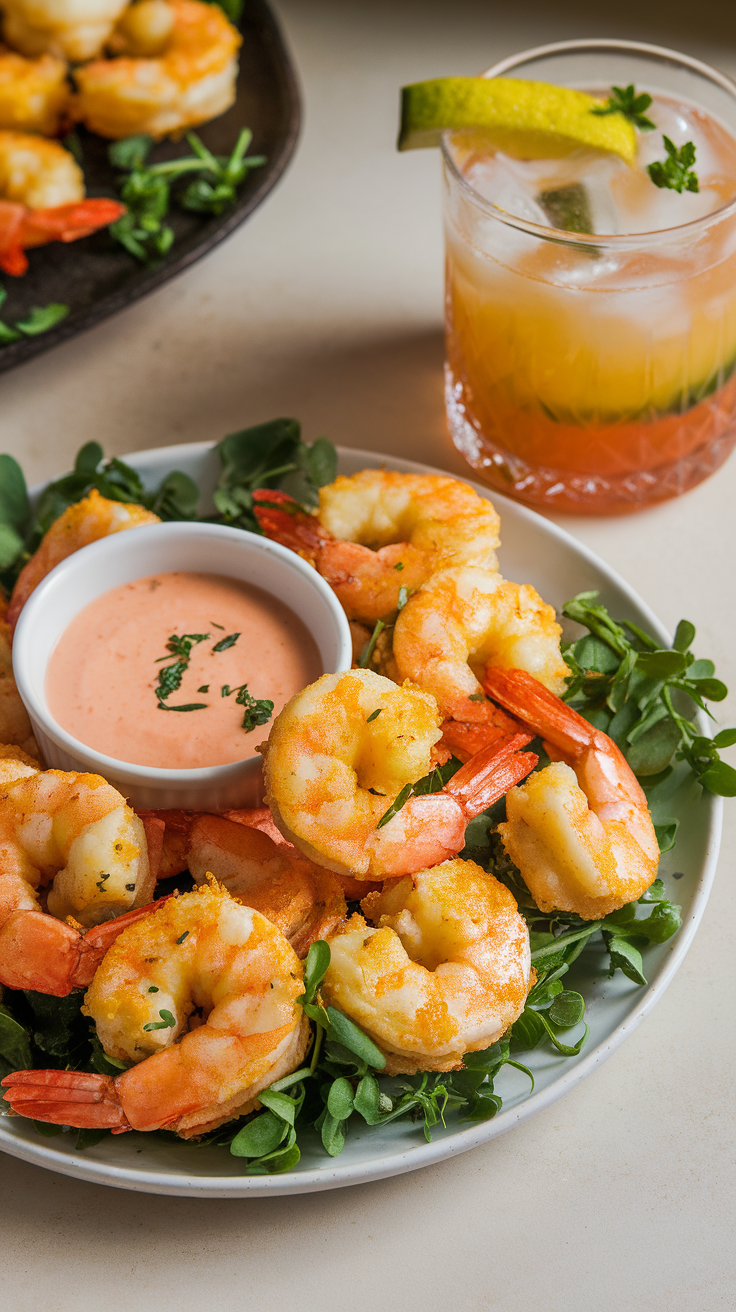 A plate of delicious shrimp with dipping sauce and a refreshing drink