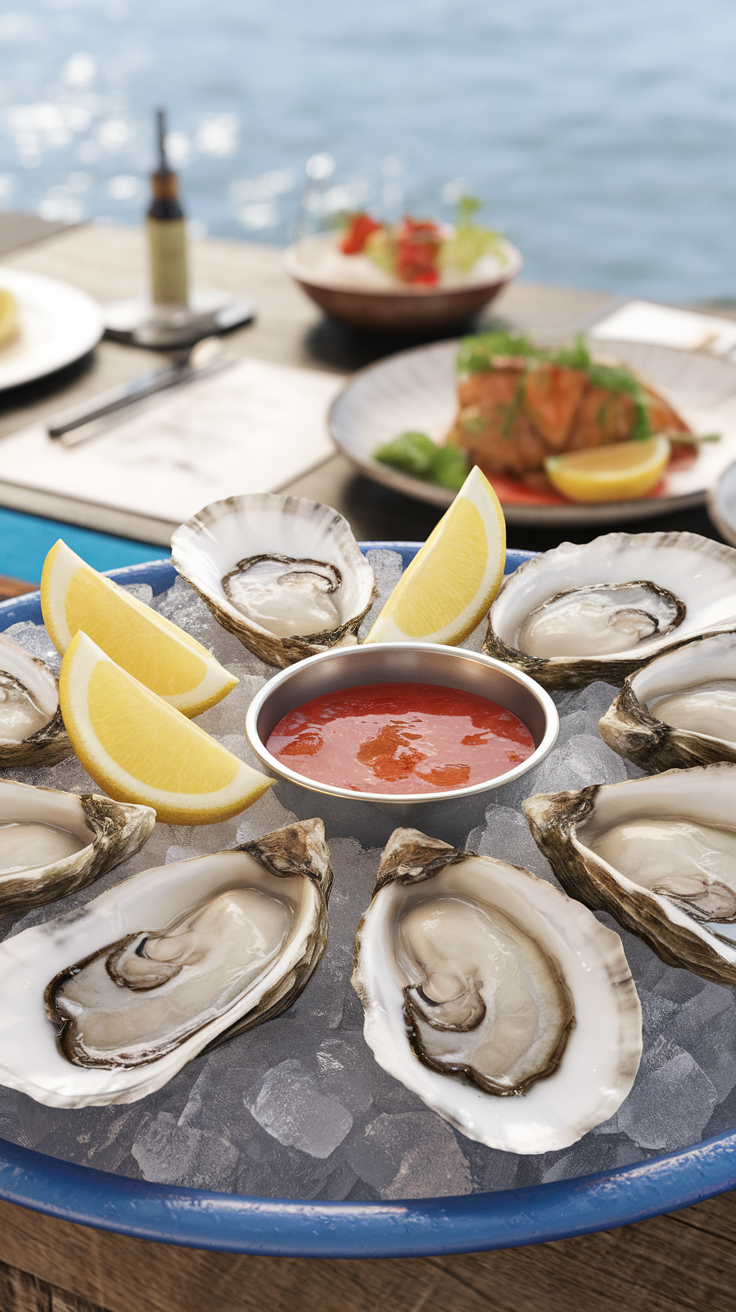 A plate of fresh oysters with lemon and cocktail sauce on a wooden table overlooking the water.