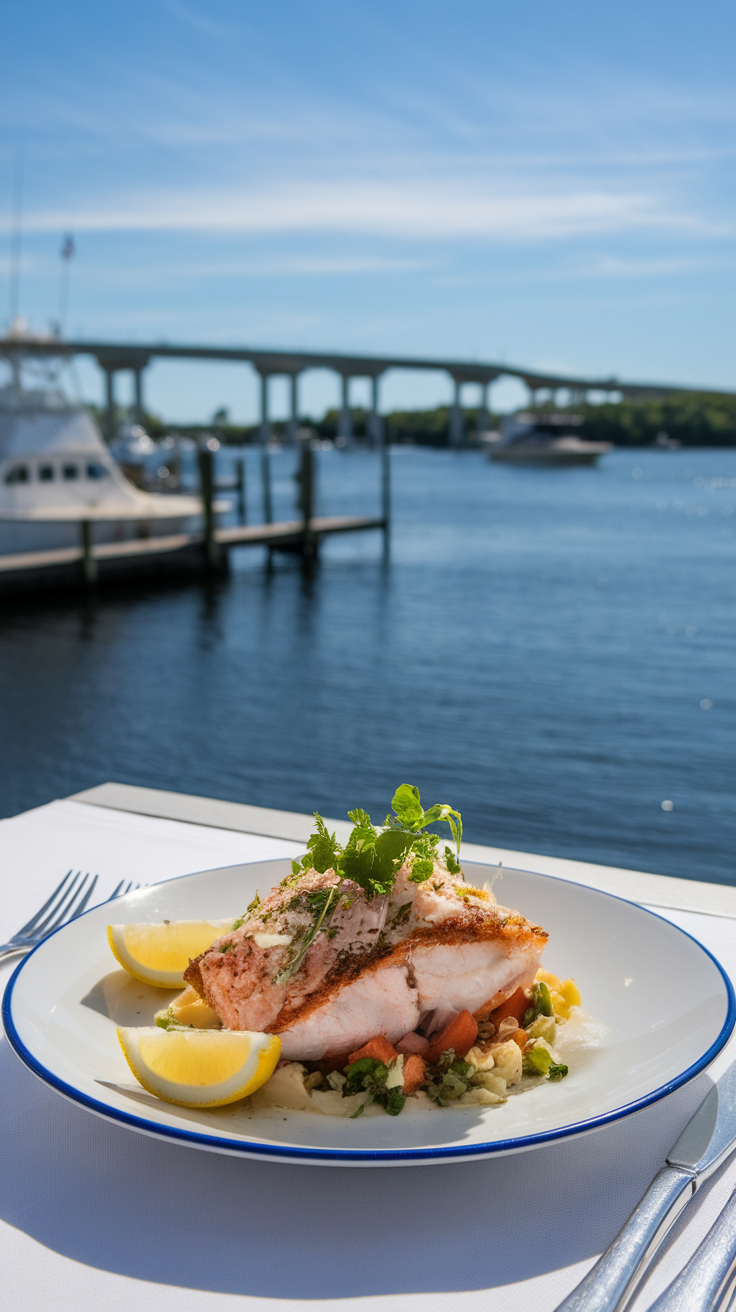 Delicious seafood dish with lemon and herbs served by the water