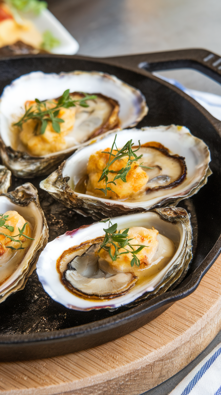 Plate of baked oysters topped with herbs and a golden crust on a wooden serving platter