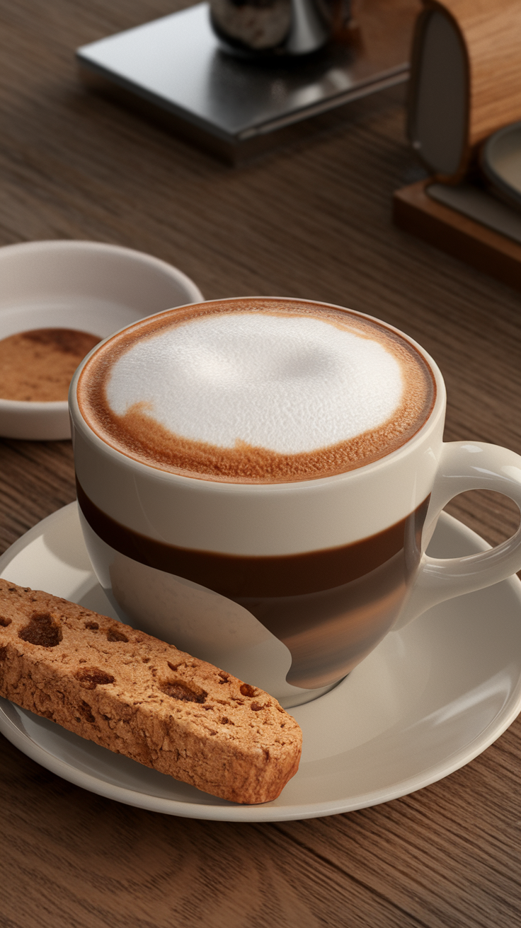 A cup of coffee with frothy milk and a biscotti on a saucer.