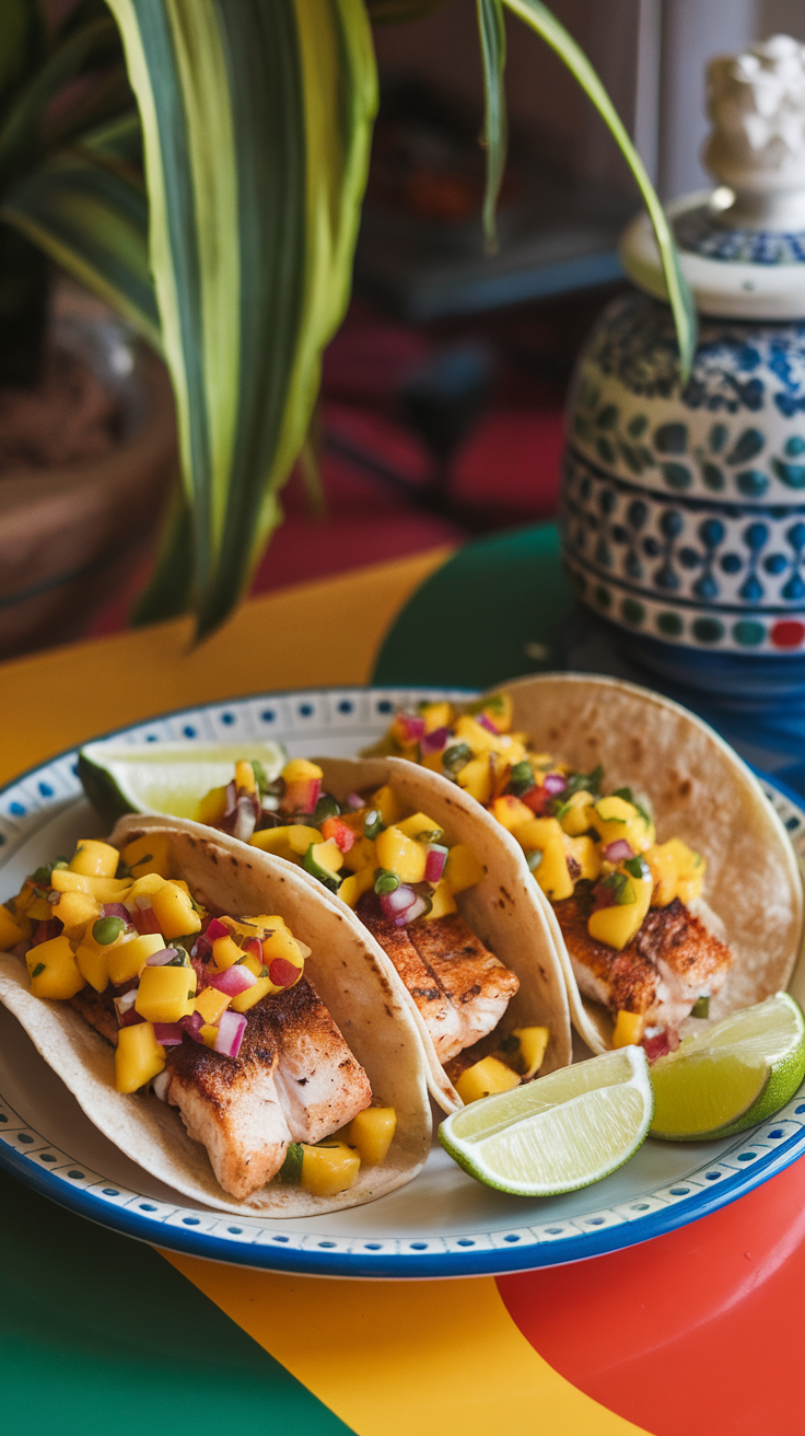 Delicious fish tacos with mango salsa and lime on a colorful table