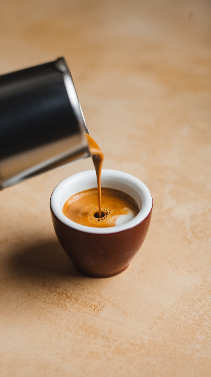 A close-up of coffee being poured into a small cup.