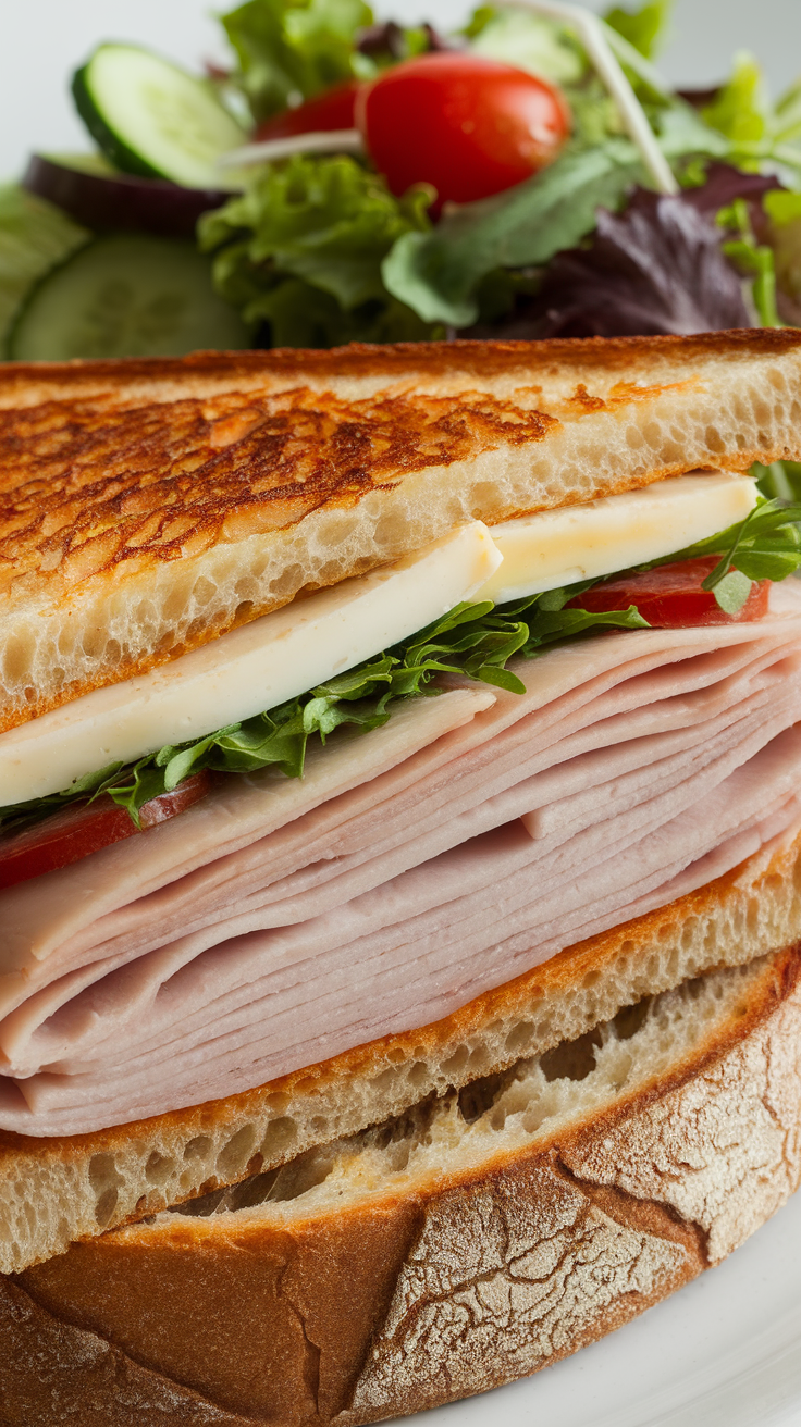 A delicious sandwich with ham, cheese, and fresh vegetables on a plate